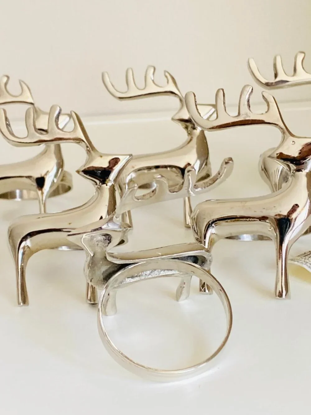 Crate & Barrel Silver Reindeer Napkin Rings Set of 6 Christmas Holiday Decor